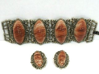 Vintage Antiqued Gold Brown & White F.  Shell Wide Panel Bracelet & Clip Earrings