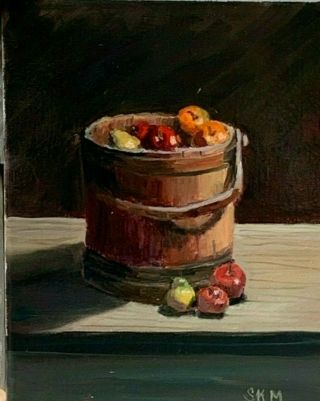 Oil Painting Firkin With Apples Primitive Country Farmhouse