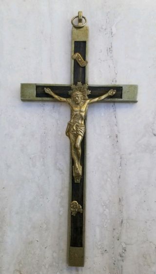 Antique German Crucifix Skull Crossbones Catholic Metal Inlaid Wood 9 X 4,  Large
