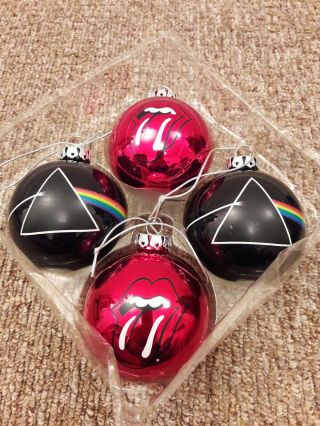Pink Floyd/rolling Stones,  Set Of 4 Christmas Glass Baubles,  Very Rare.  Like