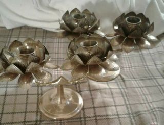Antique /vintage Lotus Flower Double Candle Holders,  Brass,  2