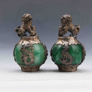 A Pair Chinese Old Jade Handwork Armor Tibet - Silver Carved Dragon Lion Statue