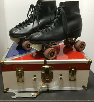 Vtg Antique Early Chicago Roller Shoe Skates Black W/metal Box.  Very Rare Size10