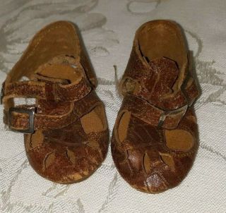 Antique Brown Soft Leather Cut Out Doll Shoes Bisque Doll $16.  66