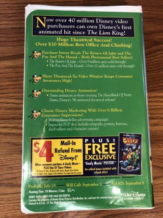 A Goofy Movie DEMO VHS TAPE - VERY RARE WALT DISNEY home Video Kids Powerline 2