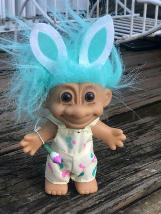 Vtg Troll Doll Russ 5” Easter Bunny Ears Paintbrush Overall Aqua Blue Green Hair