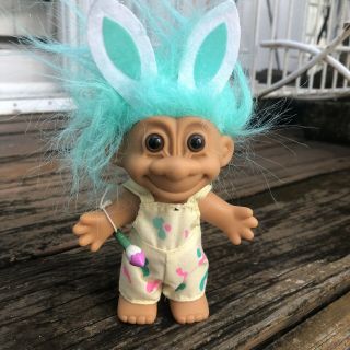 Vtg Troll Doll Russ 5” Easter Bunny Ears Paintbrush Overall Aqua Blue Green Hair 2