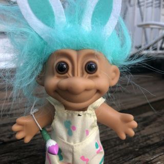 Vtg Troll Doll Russ 5” Easter Bunny Ears Paintbrush Overall Aqua Blue Green Hair 3