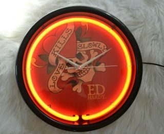 Euc Rare Ed Hardy Love Kills Slowly Red Neon Wall Clock Bar Glass Man Cave Sign