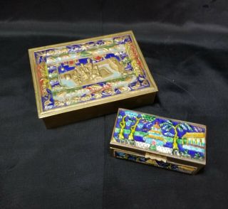 Set Of (2) - Chinese Cloisonne Enamel/brass Stamp And Trinket Card Boxes