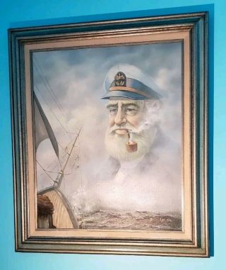 Rare Bill Larsen Oil On Canvas Large Painting Portrait Nautical Sea Captain Art