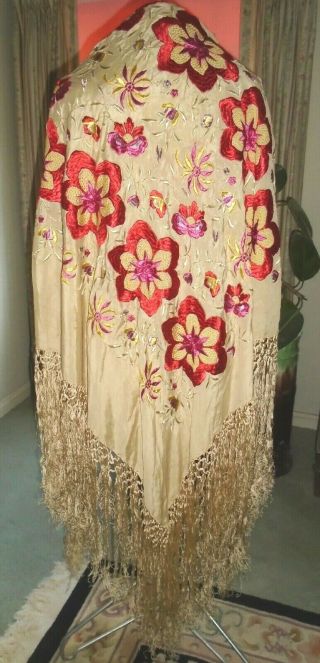 Antique Vintage 1920s Silk Embroidered Piano Shawl Flamenco 53 ",  16 " Fringe