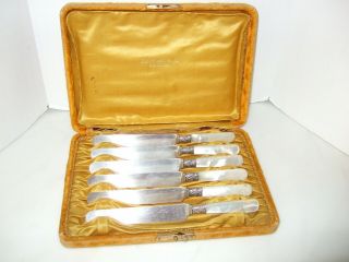 Cased Set Of 6 Antique Butter Knives Mother Of Peal Handles Silverplate