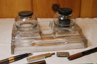 Antique 1910s Glass Sengbusch No 320 Inkwell Art Deco Desk Pen Set W/ 2 Inkwells