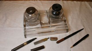 Antique 1910s Glass Sengbusch No 320 Inkwell Art Deco Desk Pen set w/ 2 inkwells 2