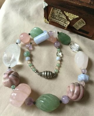 Antique Old Chinese Carved Court Bead Necklace Jade Rock Crystal Rose Quartz