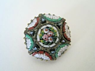 Antique Victorian Micro Mosaic Brooch On Brass Mount