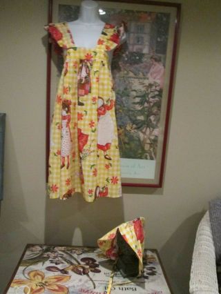 Vintage Holly Hobbie Fabric Dress - Up Halloween Costume Apron Pinafore Bonnet