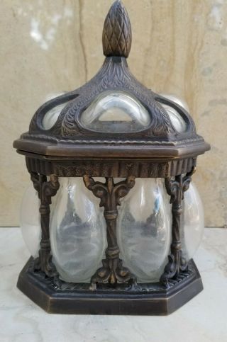 Antique Brass Bronze Dresser Jar Container Box With Lid Convex Bubble Glass Vtg