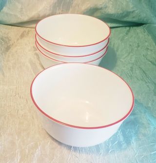Set Of 4 Corelle Luxe/ultra Hoop Red 28oz - Soup/cereal Bowls Rare White W/red Rim