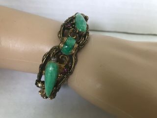 Vintage Green Stone Jade Bracelet Gold Tone Ornate Smaller Wrist Antique