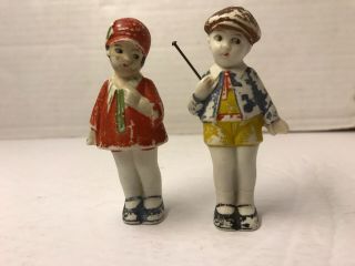 2 Antique 3.  5 " All Bisque German Dollhouse Dolls.  Boy & Girl