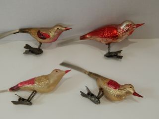 4 Antique Vtg Blown Glass Bird Clip On Christmas Ornaments