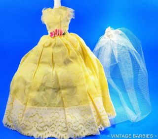 Barbie Doll Sized Yellow Satin Gown / Dress & Veil Minty Vintage 1960 