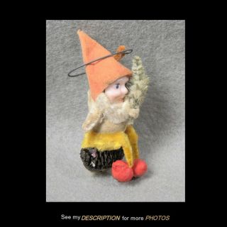 Antique German Christmas Ornament Elf Holding A Tree Sitting On A Pine Cone