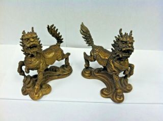 Old Chinese Pair Brass / Bronze Temple Guardians - Dragons Lions 21/2 Inches