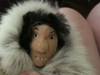 Vintage Alaska Eskimo Inuit Doll Indigenous Fur Clothing Carved Face Spear