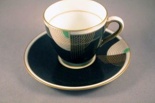 Very Rare Royal Doulton Art Deco Black,  Green & Gold Coffee Cup & Saucer (f52)
