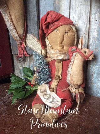Primitive Rag Stuffed Santa Doll Tree & Horse Christmas Folk Art Decoration