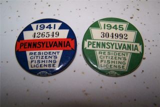Pennsylvania Resident Fishing License Buttons - 1941 & 1945