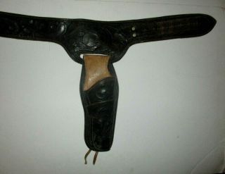 Vtg Western Cowboy Tooled Leather Revolver Pistol Gun Holster Ammo Belt Antique