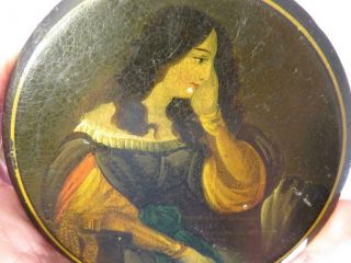 Antique Lacquerware Round Snuff Box Lady Portrait Hand Painted