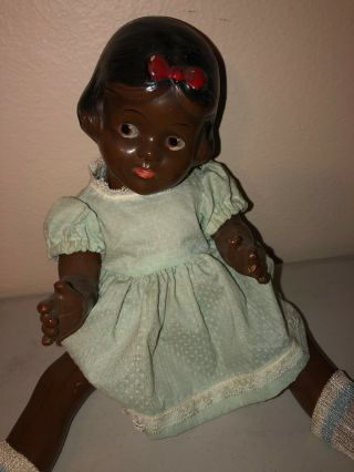 Vintage Black Unmarked Composition Doll Molded Red Bow Girl
