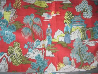 Authentic Vintage Barkcloth Asian Valance Set Of 2 Red/multi