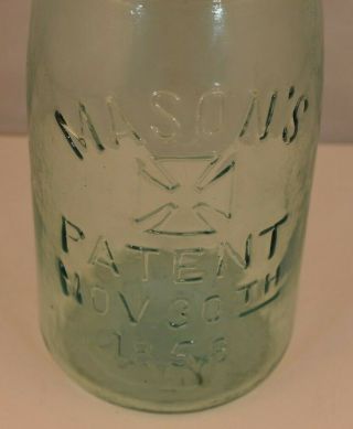 Rare 1858 MASON`S PATENT November 30th 1858 Fruit - Caning Jar - with Lid 2