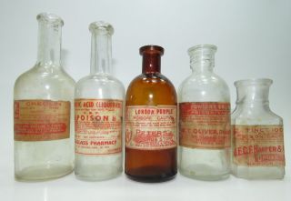 5 Old Antique Vtg Pharmacy Glass Poison Skull Crossbones Bottles W/paper Labels