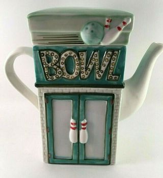 Vintage Hand Painted Ceramic Teapot With Bowling Alley Scene 7 " Tall