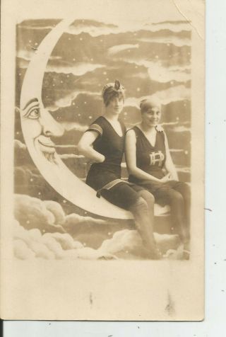 Antique Studio Photo 2 Ladies 1910s Bathing Suits On A Sliver Of A Crescent Moon