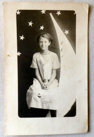 Antique Real Photo Postcard Little Girl With Man In Moon Studio Backdrop 2