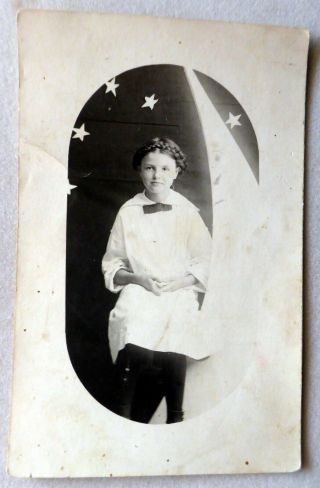 Antique Real Photo Postcard Little Girl With Man In Moon Studio Backdrop 1
