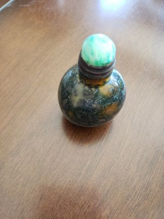 Old Chinese Agate Snuff Bottle Well Carved.  Natural Moss Thru Out.