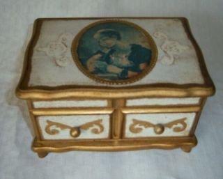 Vintage Mele Wood Jewelry Box Or Case Antique Gold W Young Lady W Gold Velvet