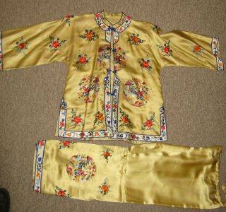 Vintage Hand Embroidered Silk Pajamas,  Small Size,  Wwii Bring Back