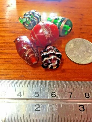 5 Rare Old Venetian Red And Green Glass Beads With Gold Swirls