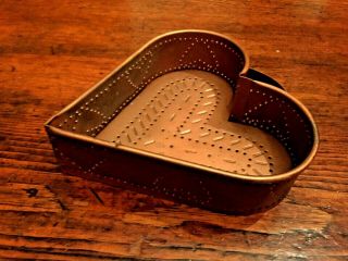Vintage Copper Punched Tin Heart Shaped Cheese Mold - 6 1/2 X 7