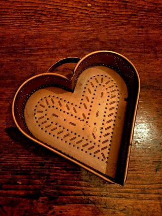 Vintage Copper Punched Tin Heart Shaped Cheese Mold - 6 1/2 x 7 2